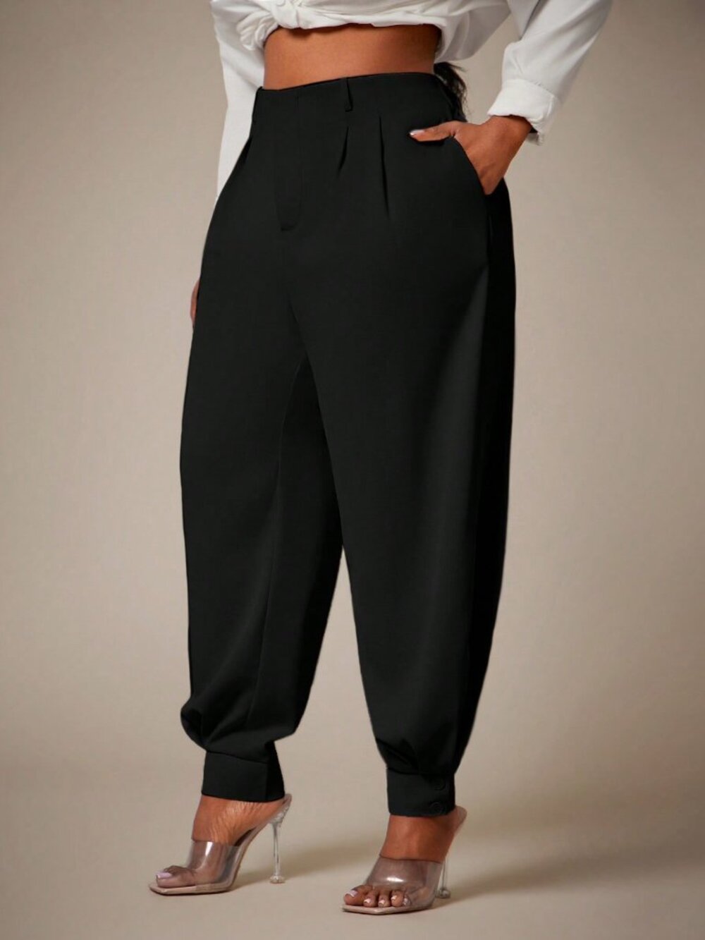 Black Casual Women's Loose High Waist Button Pocket Cuffed Hem Long Jogger Pants